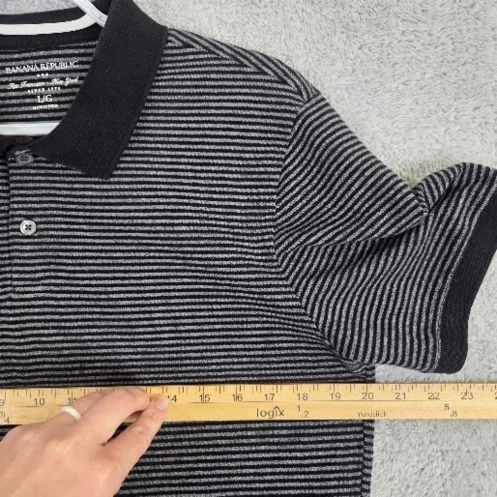 Banana Republic Polo Shirt Men's Large Gray Black‎ Striped Casual Cotton Classic